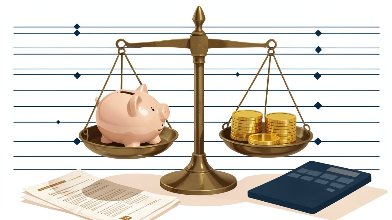 A clean desk with a scale model house, a piggy bank, and a stack of documents, symbolizing a balanced financial decision.
