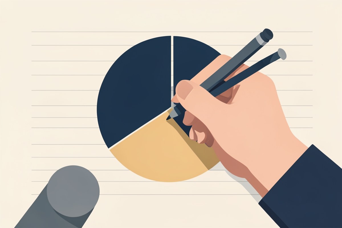 A close-up of a hand using a stylus on a tablet, showing a pie chart with two segments, representing principal and interest.