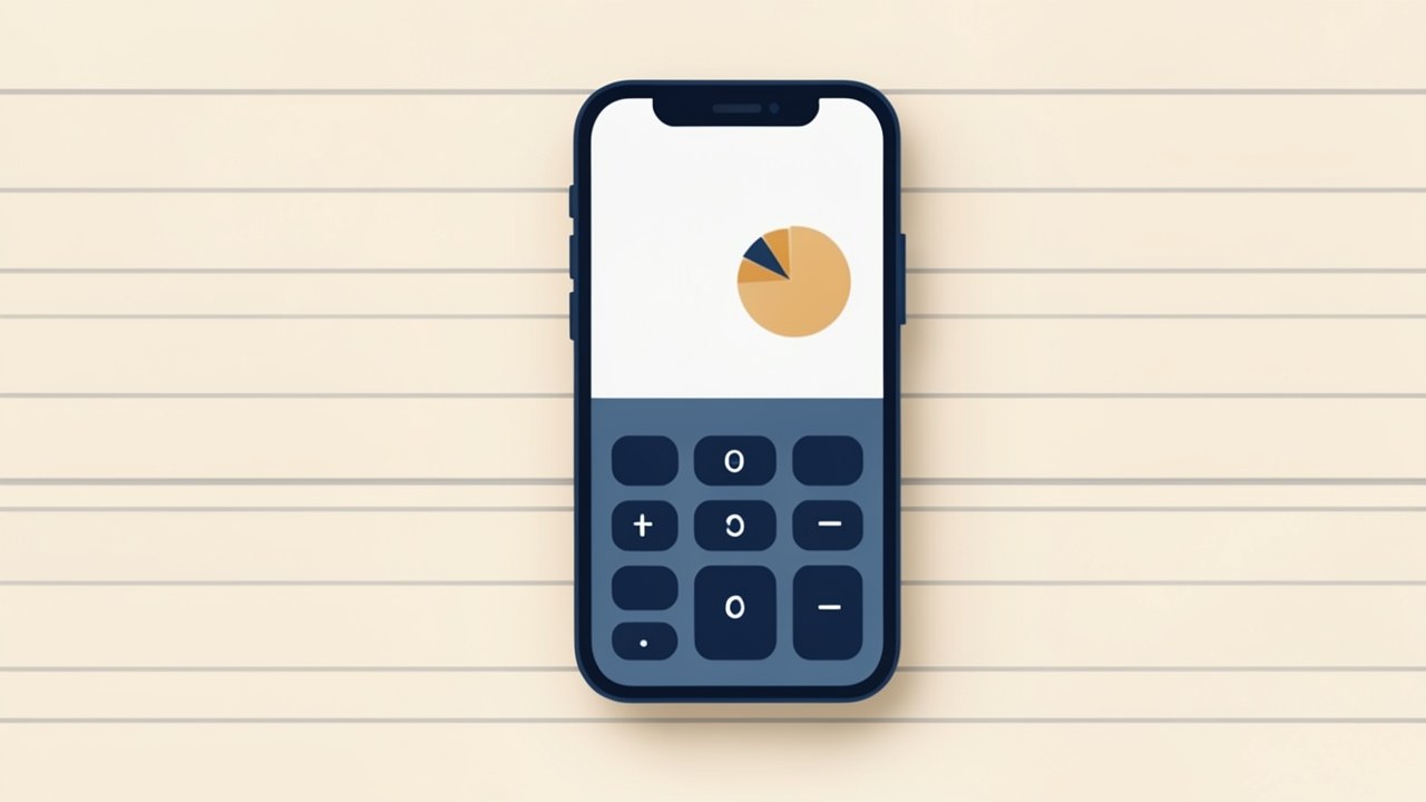 A large smartphone screen showing a basic calculator keypad and a small pie chart, with an interactive cursor.