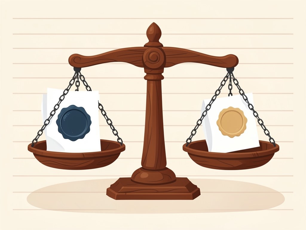 A split-screen comparison: on the left a document with a 3% stamp, on the right a document with a 5% stamp, each on a balance scale.