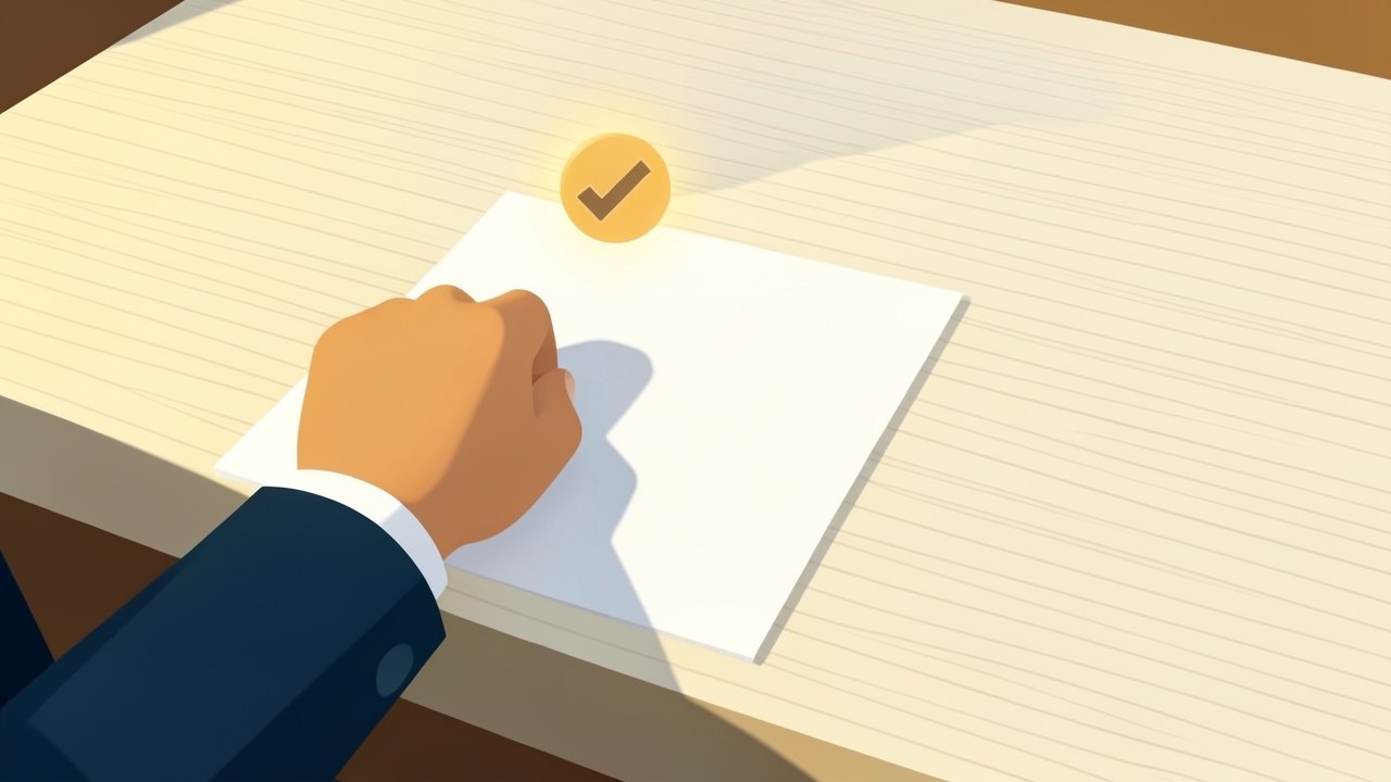 A person's hand in a suit holding a pen over a document on a desk, with a check mark icon floating above.
