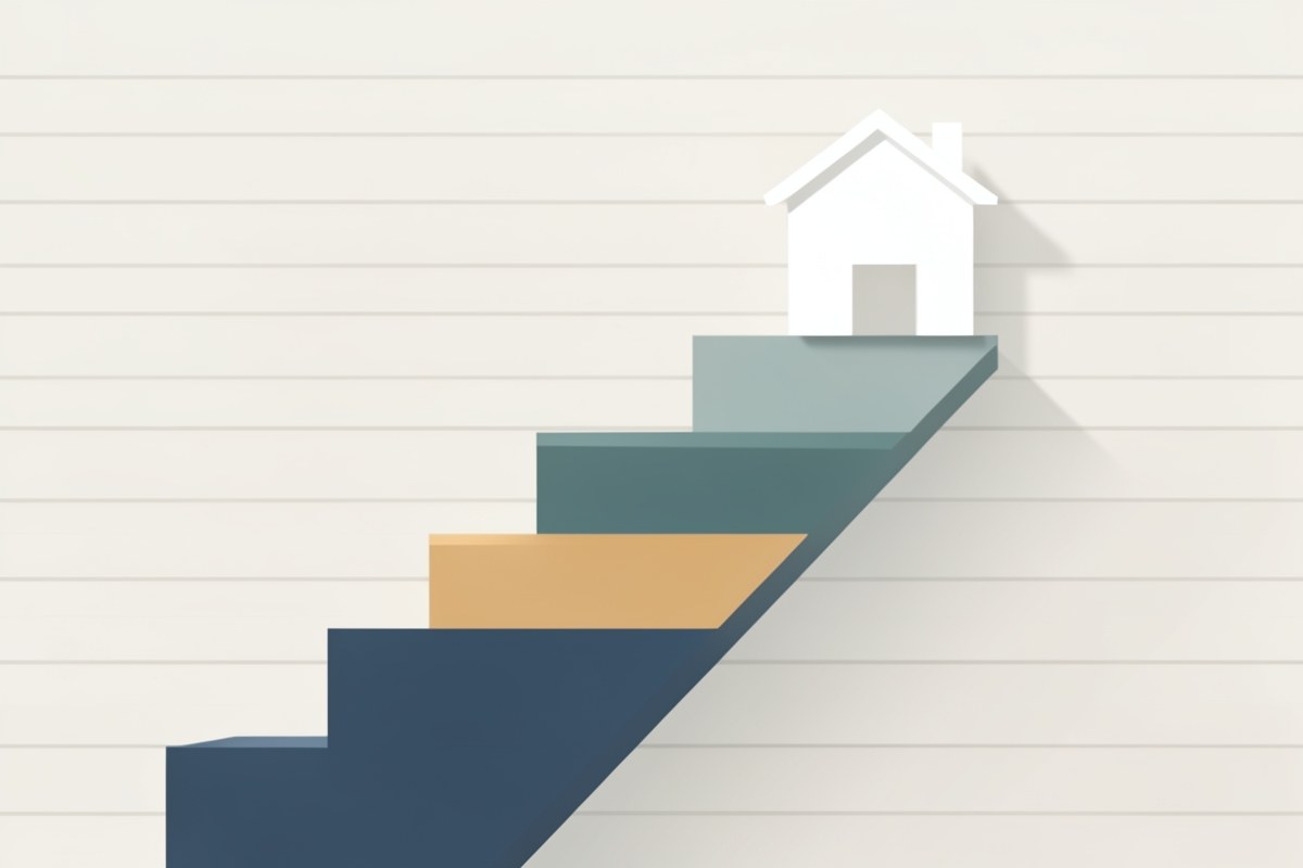 An upward staircase with each step painted a different color, leading to a simple house shape, symbolizing meeting requirements.